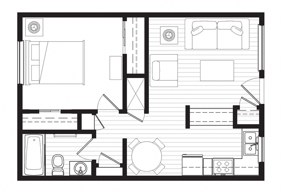 Floor plan for 1 bed, 1 bath, 527 sqft